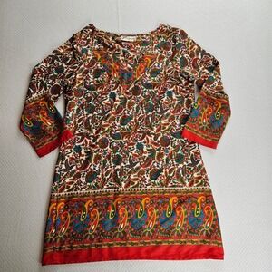 100% Silk Paisley Mini Tunic Dress V-Neck 3/4 Sleeve Red M 70s Boho Psychedelic